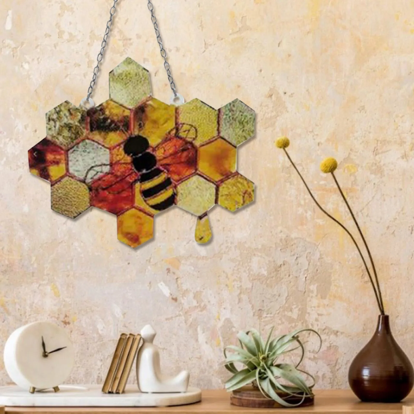 Home Decor Bee Honey Hanging Honeycomb Wall Hanging Suncatcher Stained Hanging Decorations Art Garden Ornament Wall Decoration