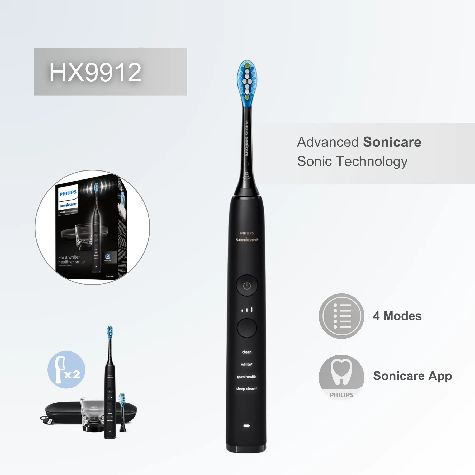 Philips Electric toothbrush Sonicare DiamondClean 9000 HX9912, Bluetooth connectivity