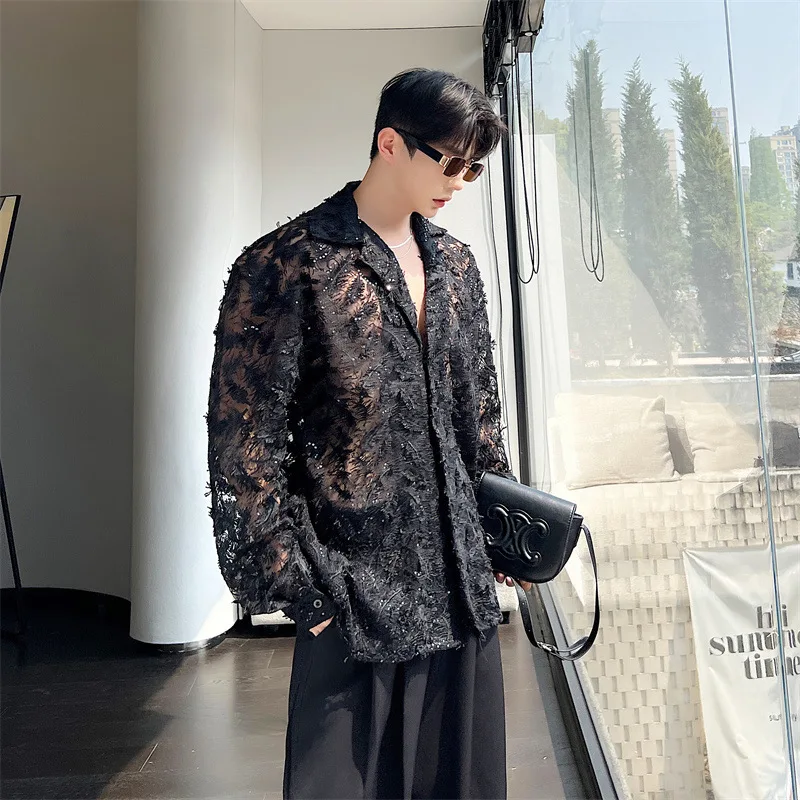 Men Clothing 2023 Sexy Men Shirts Black Feather Hollowed Out Sequin Lapel Long Sleeve Streetwear Transparent Button Fashion