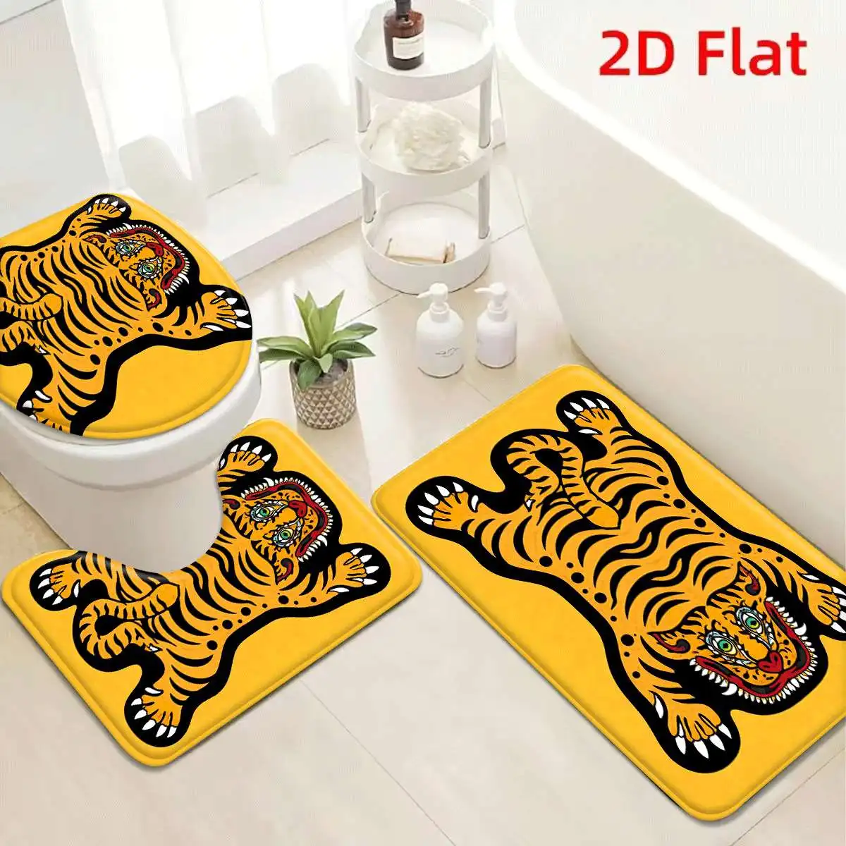 

3Pcs Vibrant Yellow Tiger Bath Mat Non Slip Absorbent Toilet Rug with Lid Cover for Bathroom Washable Flannel Base