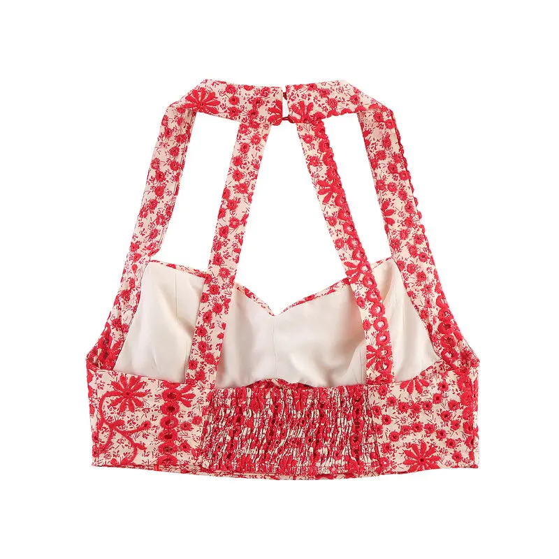 Coleção Sazonal 2025 de Moda Fena: Top Curto com Decote em V Vazado e Bordado E e Personalidade para o Verão.