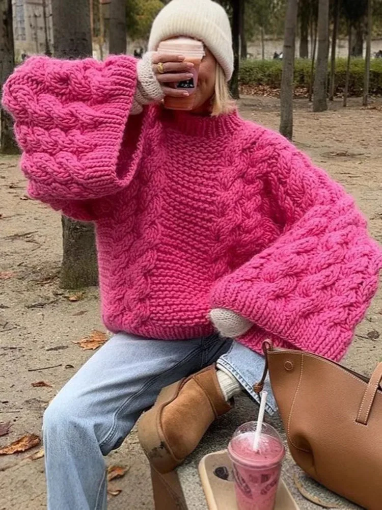 

Свободный женский свитер с большим поворотом, модная вязаная теплая водолазка с рукавами-фонариками, женский пуловер, осень-зима 202, женский джемпер