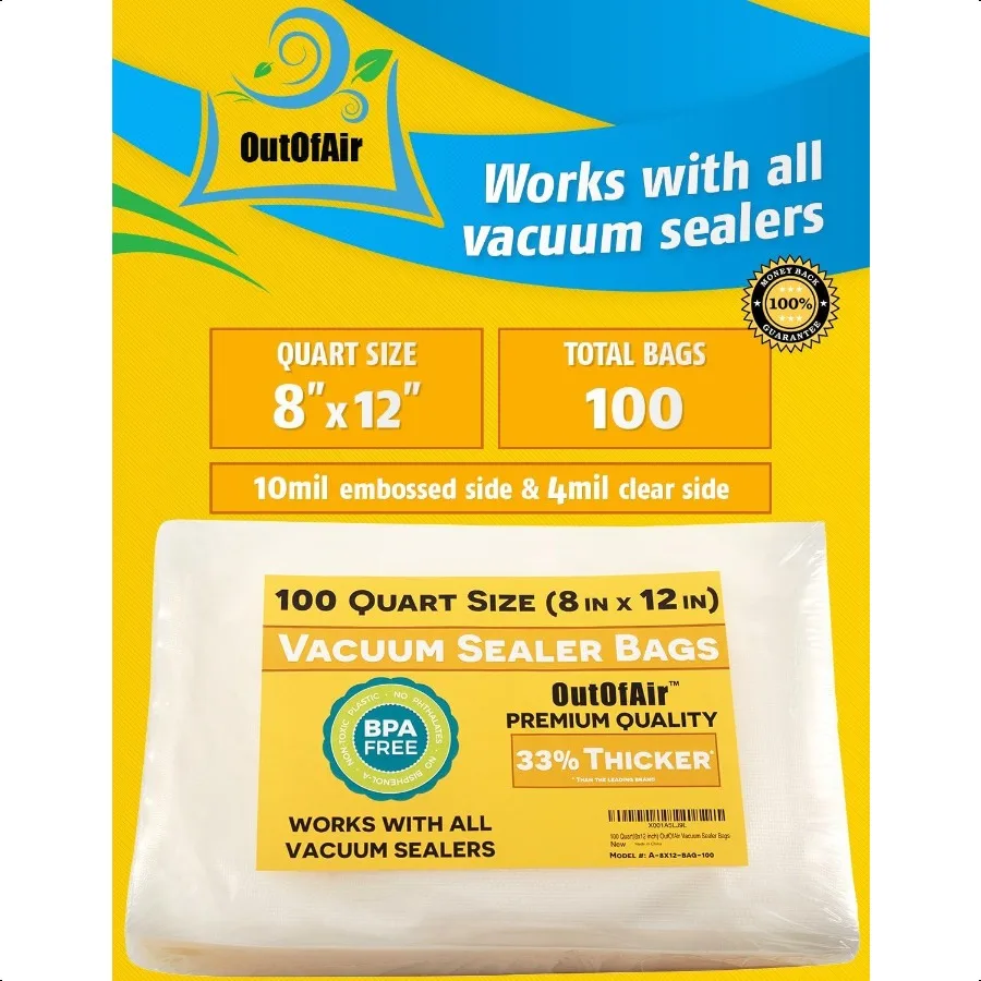 100 كيس سد مكنسة كهربائية: حجم كوارت 8 × 12 من Works with FoodSaver آيفون آخر 33 درجة تجارية خالية من مادة BPA مقاس 8 × 12 بوصة