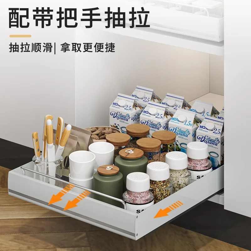 Stainless steel kitchen pull-out rack under sink pull basket cabinet drawer type ultra-deep storage box artifact image 4