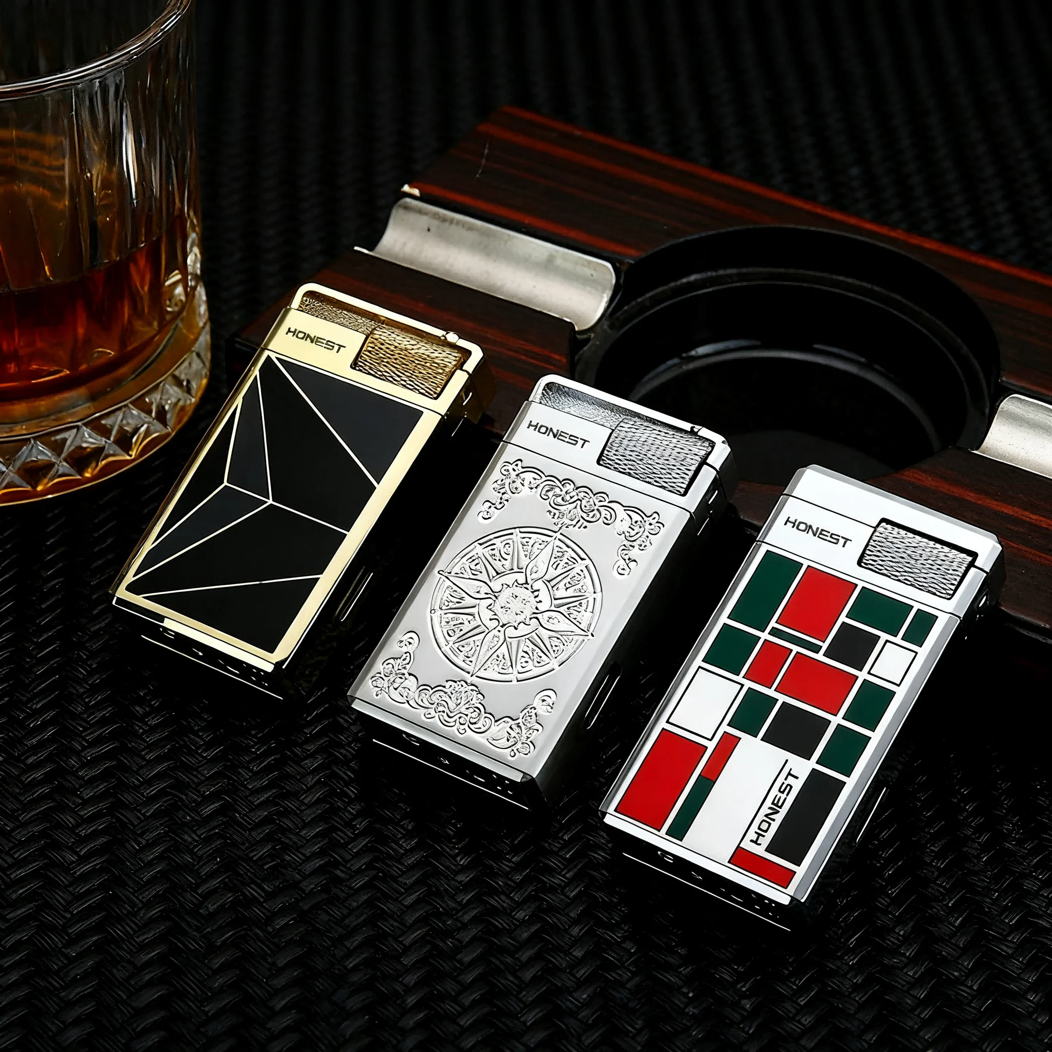 HONEST Direct Windproof Gas Lighter Transparent Gas Chamber Dual Fire Conversion Cigar Lighter High End Metal Lighter