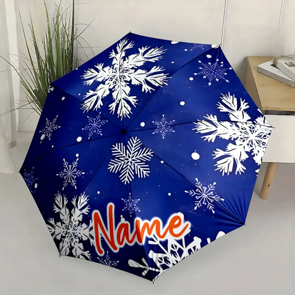 Custom Name  Winter-Themed Blue Umbrella with Snowflake Design Print 8 Iron Ribs Folding Umbrella Auto-Open Fashion Sunshade