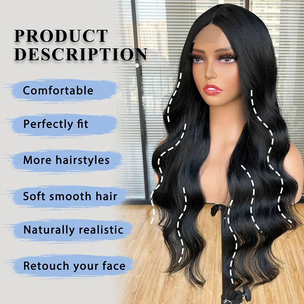 

Body Wave Lace Front Middle Part Long Curly Wig For Women Heat Resistant Fiber Natural Black High Quality Synthetic Wig Daily