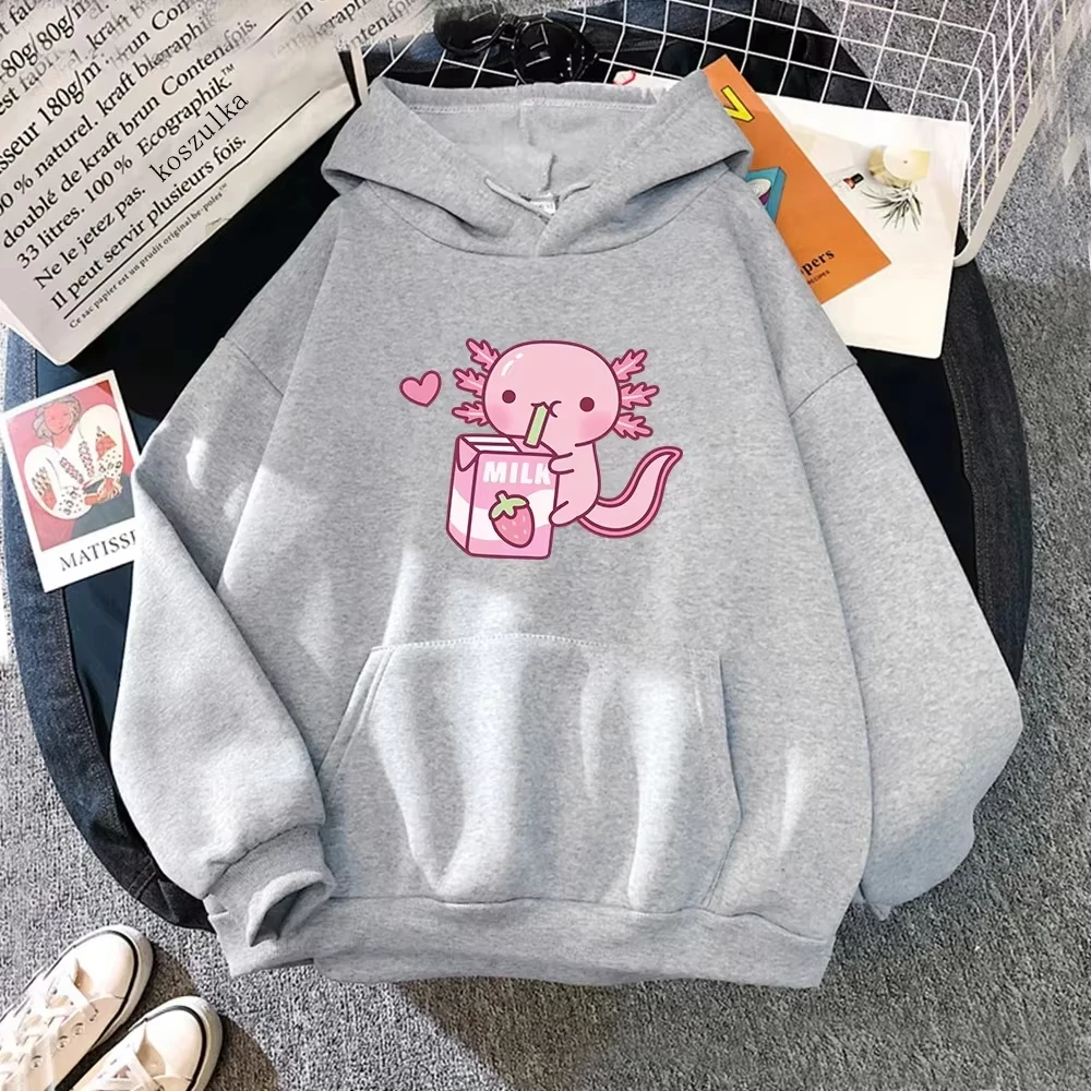 

2025 аниме Аксолотль любит клубничное молоко толстовка с капюшоном Kawaii толстовки зимние женские весенне-осенние толстовки унисекс Harajuku