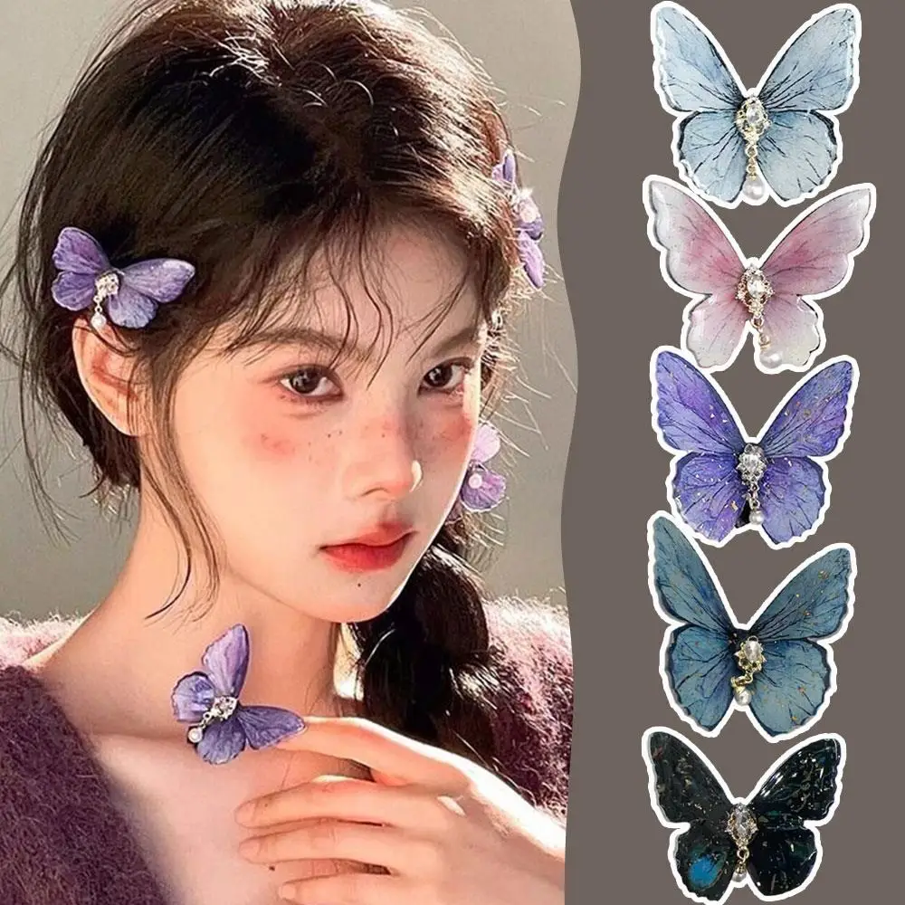 

Fairy Blue Butterfly Hair Clip Butterfly Imitation Pearl Rhinestones Duckbill Hair Clips Korean DIY Headwear Bow Decor Hairgrip