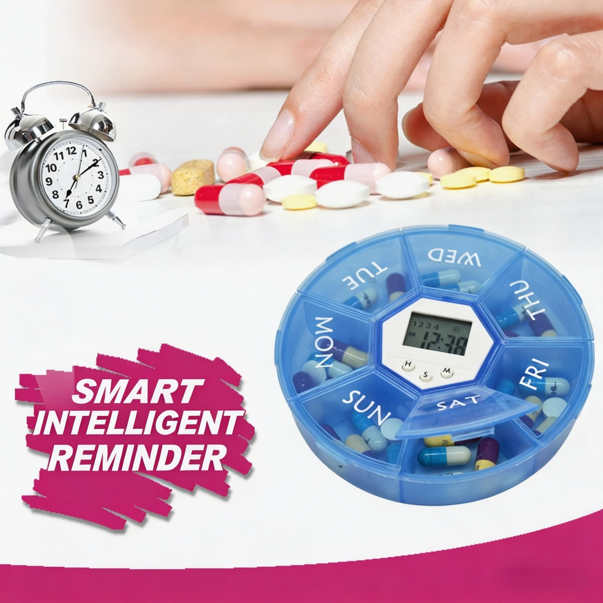 Smart Alarm Pill Organizer Round 7-Day Weekly Travel Pill Case with Timer, Portable Mini Pill Dispenser