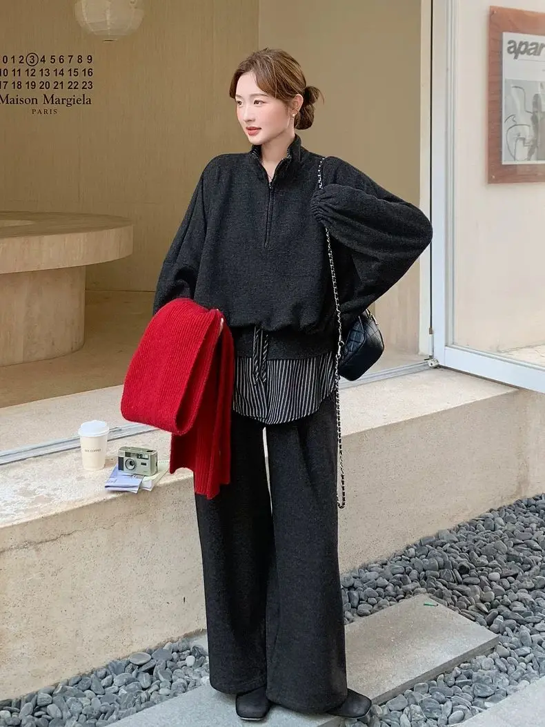 

Женский модный комплект больших размеров: полосатая толстовка с пэчворком и широкие брюки, утепленный повседневный костюм из двух предметов для осени и зимы, комфортный.