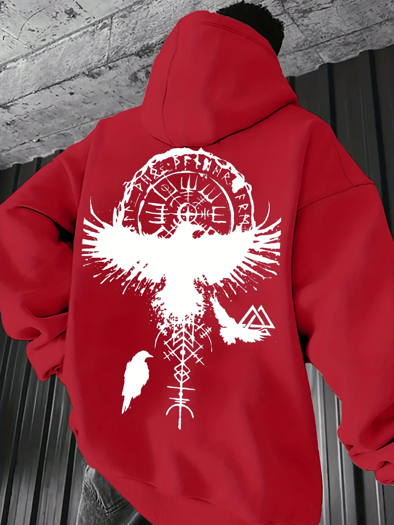 Edgy Myth‑Style Men Hoodie Splash Raven Viking Rune Symbol Back Graphic Print Autumn‑Winter Sweatshirt - view 2