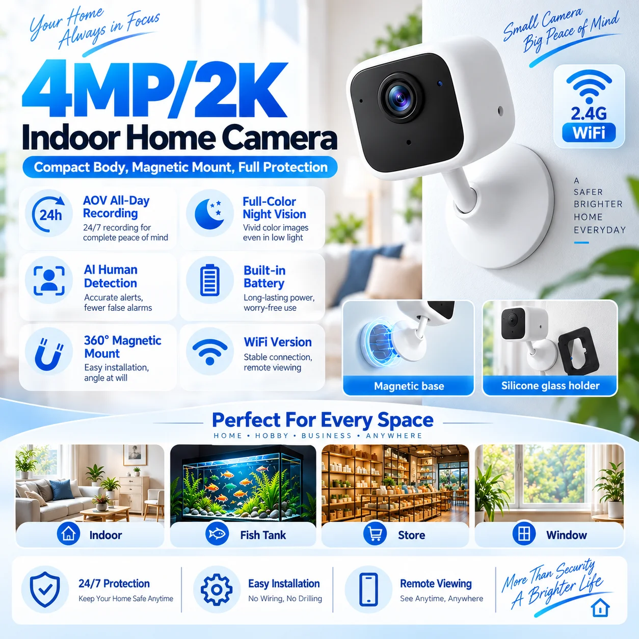 4MP WiFi Mini Indoor Security Camera Motion Detection Smart Full Color Night Vision Two Way Audio With Bracket