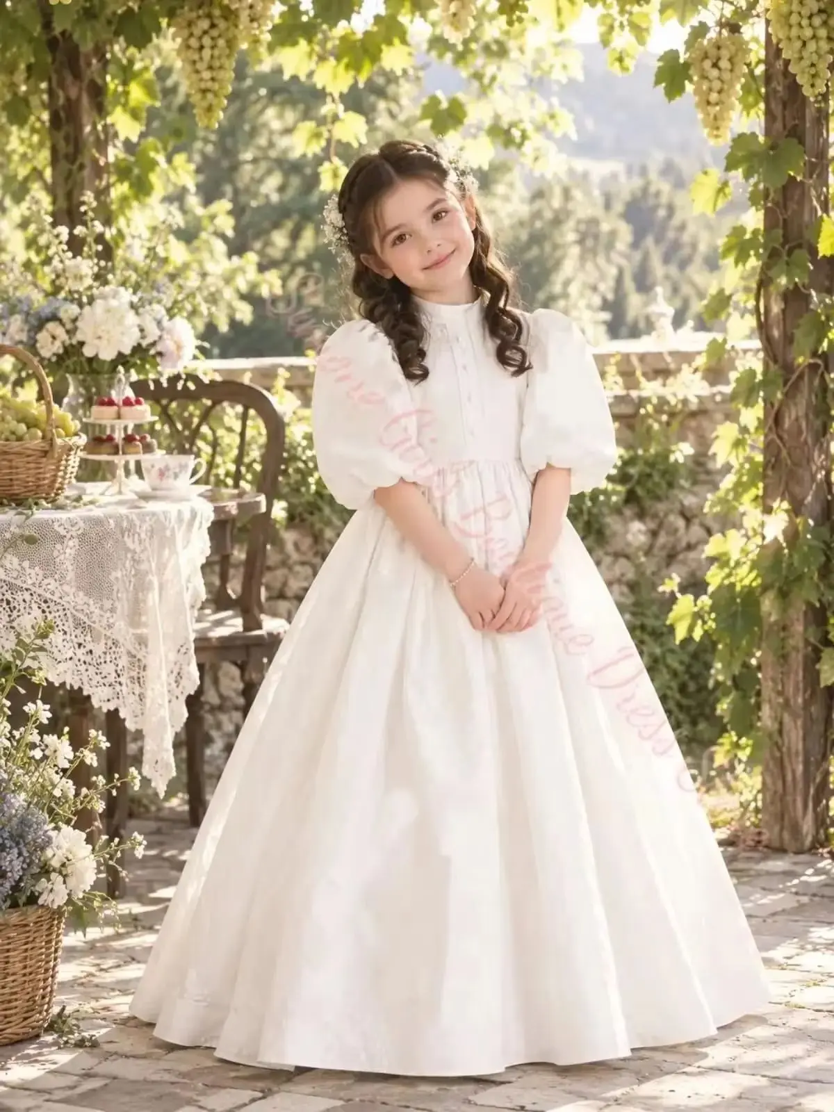 Customized ivory Little Bridesmaid Flower Girl Dress For Wedding Satin Half Sleeve Kids Birthday Party First Communion Ball Gown