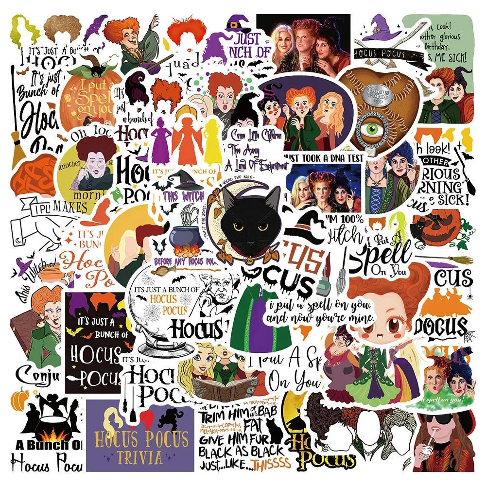 50ชิ้นสติกเกอร์ดิสนีย์ hocus pocus รูปลอกการ์ตูนฮาโลวีนแม่มดแล็ปท็อปสเก็ตบอร์ดกระเป๋าเดินทางจักรยานรถยนต์สติกเกอร์ของเล่นเด็ก