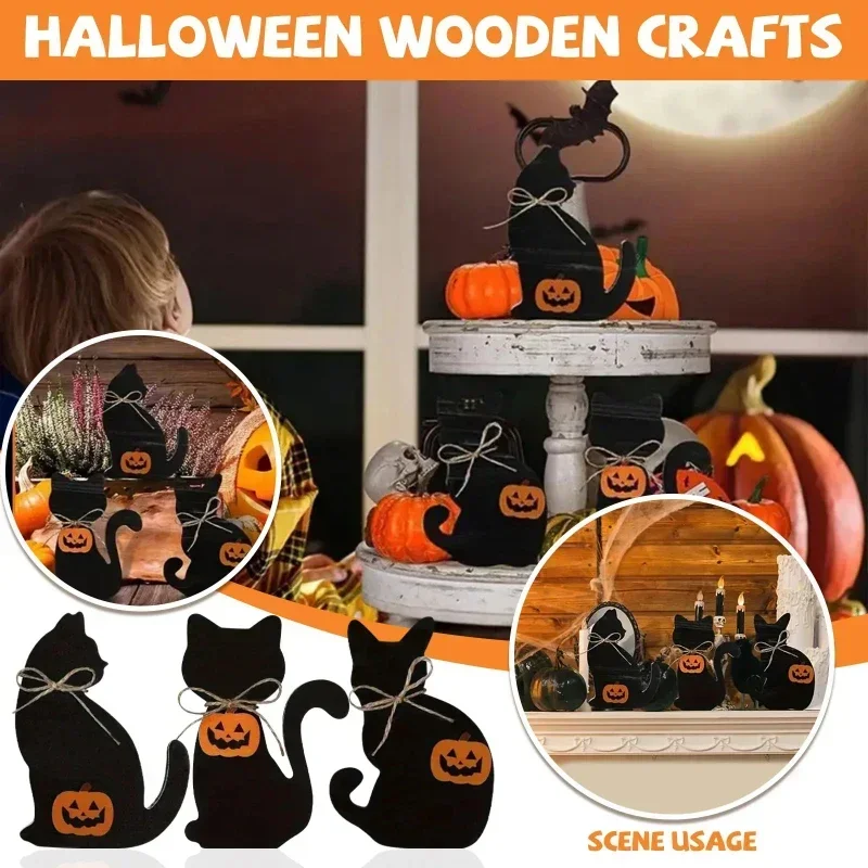 3pcs Latest High Quality Halloween Black Cat Wooden Table Cards Rustic Tiered Tray Signs Fall Home Desk Tabletop Decor