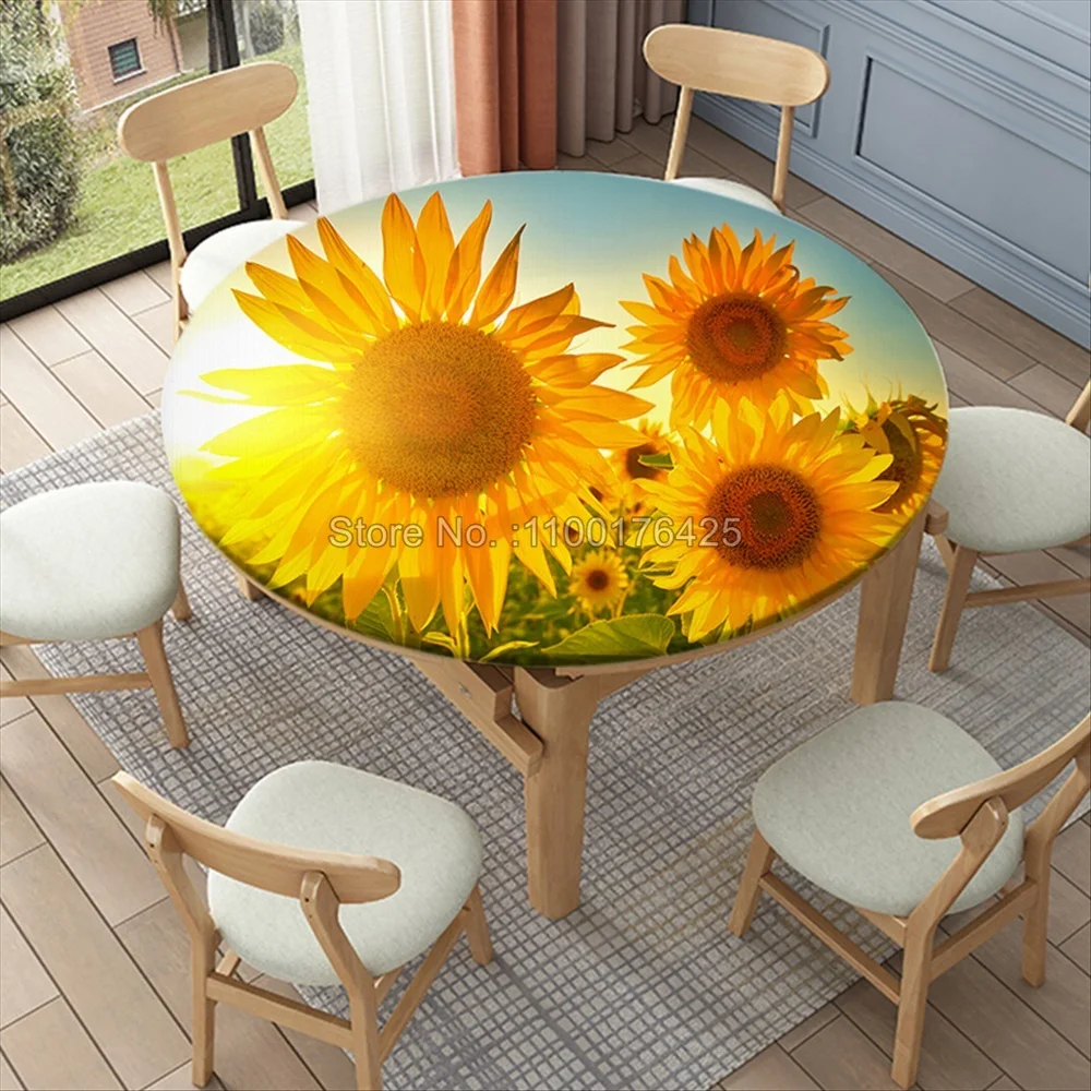 3D Printing Sunflower Round Tablecloth Fitted Elastic Waterproof Table Cover for Dining Table Accessories Outdoor Decor