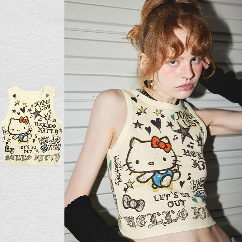 Sanrio Hello Kitty Fashion Sexy Tank Top for Women Ribbed Knit Anime Summer Vest Streetwear Aesthetic Clothing Female Crop Top