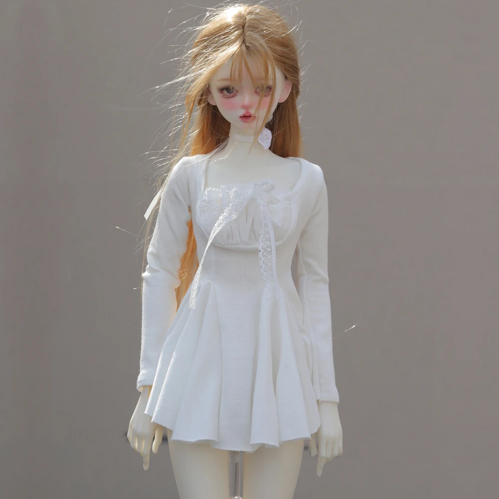 D09-P288 children handmade toy   1/4 MSD 1/3 BJD Doll clothes long sleeve White lace bow dress 1pcs