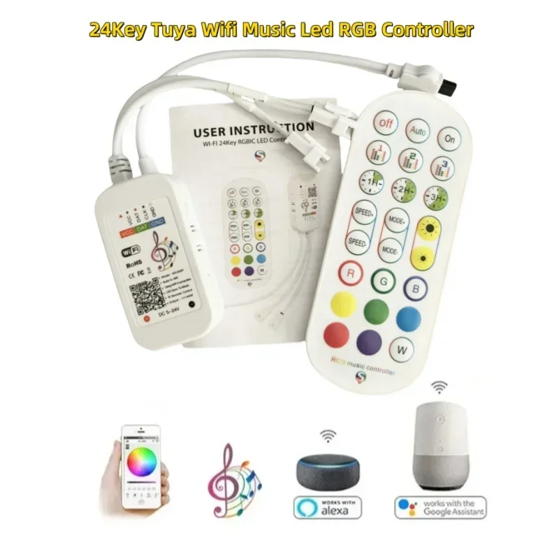 24Key 3Pin 2port Tuya Wifi Music Led RGBIC Controller 5-24V Music Sync Contoller Smart Life APP Party Light Dimmer for Led Light