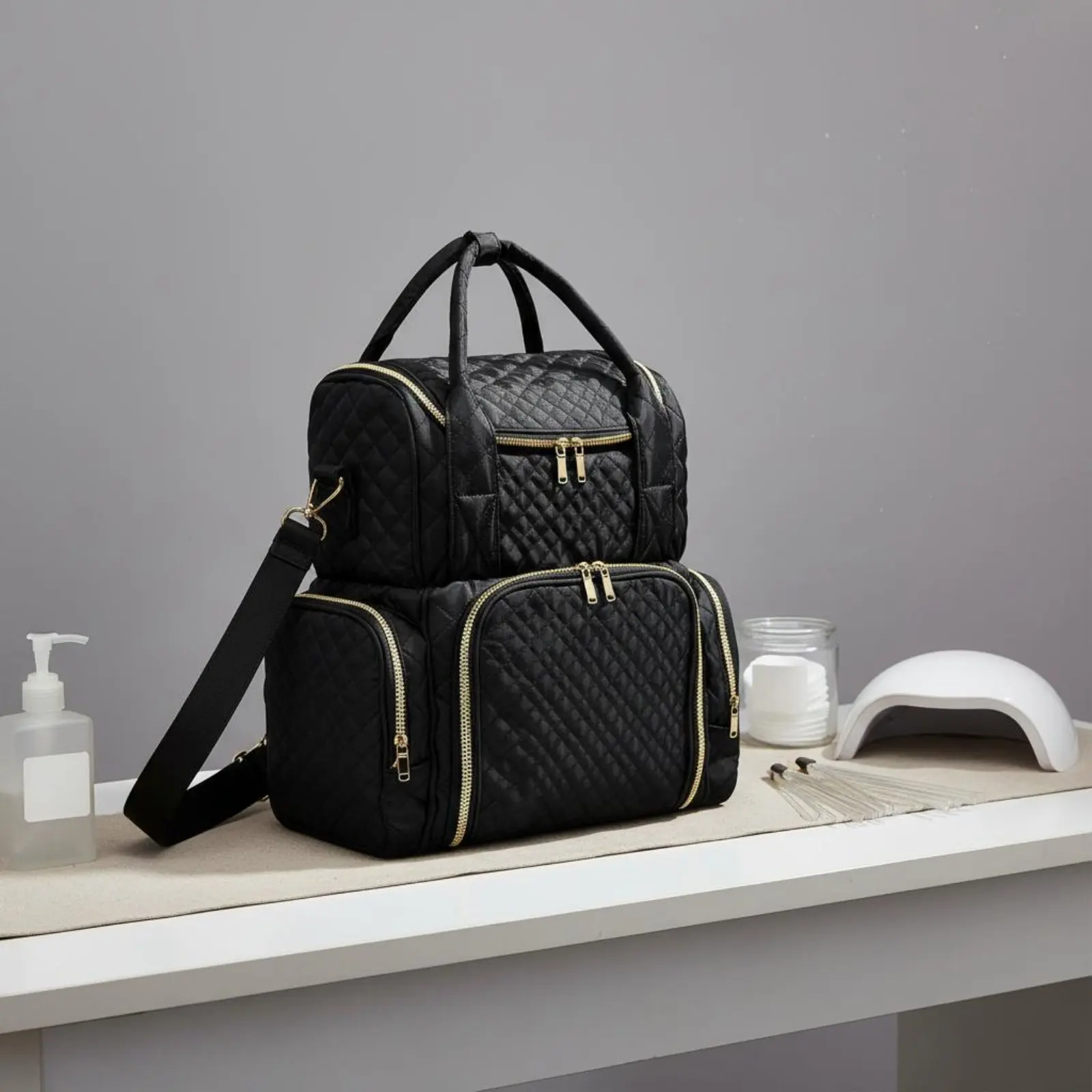 

Double Layer Makeup Bag Top Handle Shoulder Makeup Organizer Nail Kit Bag Multiple Pockets Quilted Cosmetic Case for Salon