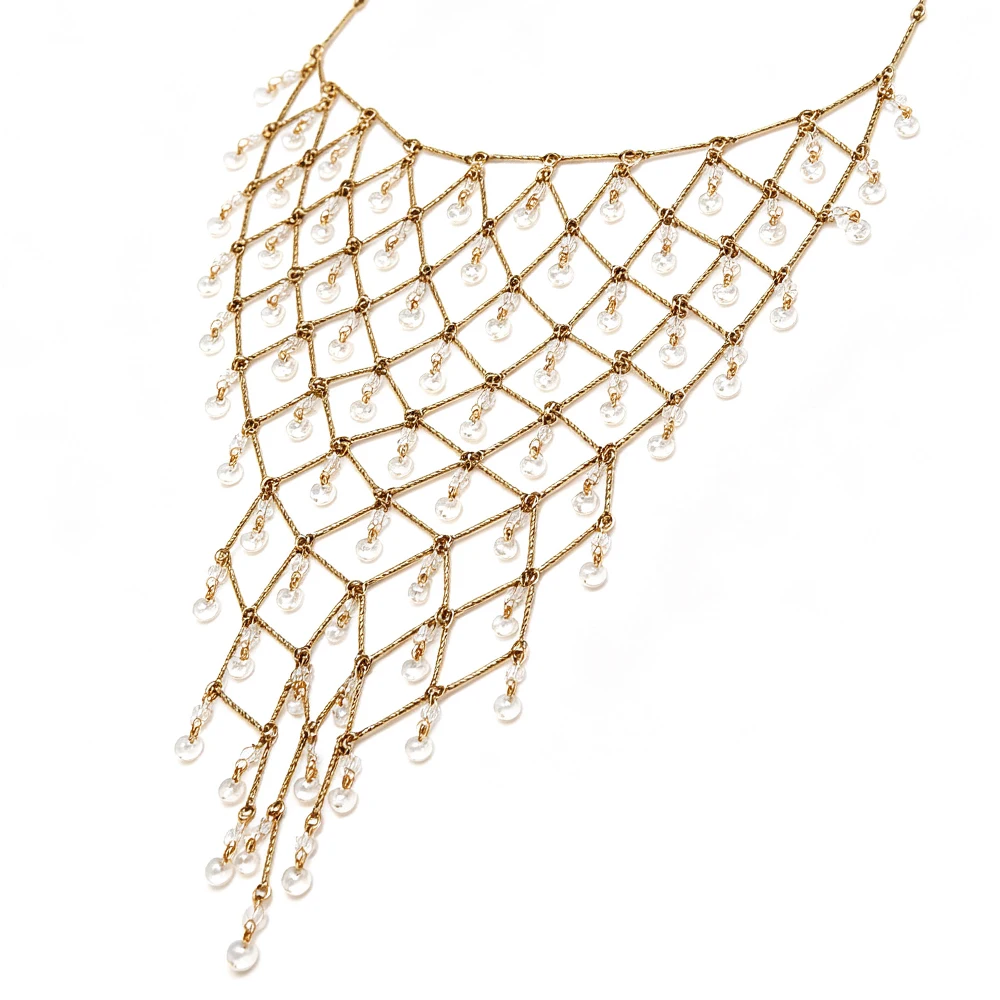Bohemia Vintage Metallgitter-Kristall-Quasten-Anhänger-Halskette für Frauen, Tropfenförmige Perlen-Statement-Choker-Halskette Accessoires – Detail 6