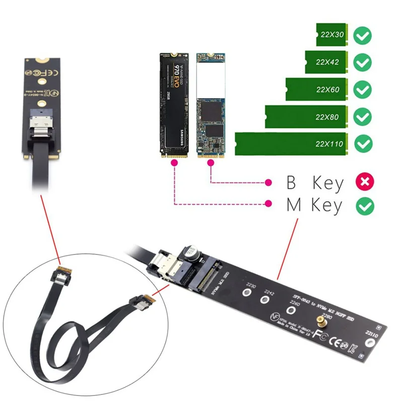 

A41Z-NGFF M.2 NVME M-Key SSD Male To Female Extension Cable 40Cm With SFF-8654 Connector Adapter For Mainboard SSD 2280/22110