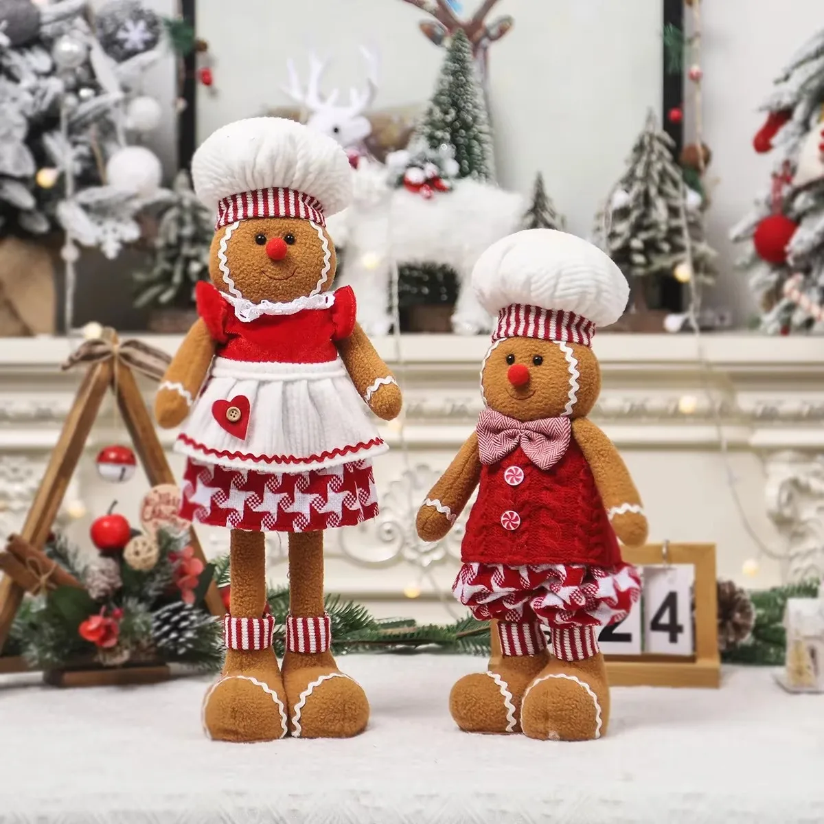 Christmas Telescopic Gingerbread Man Doll Adorable Chef Hat Gingerbread Man Standing Figurines DIY Christmas Window Decoration