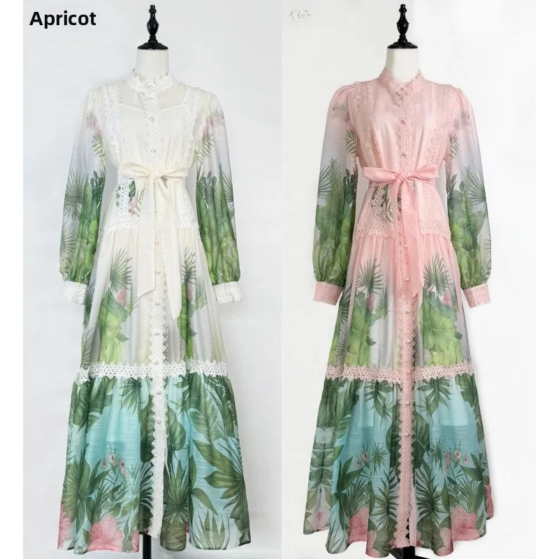 Tropische print Lace Splice Lantern Sve Holiday Dr Country Sle midden taille fluwelen stof lang Sve Thiened Dr