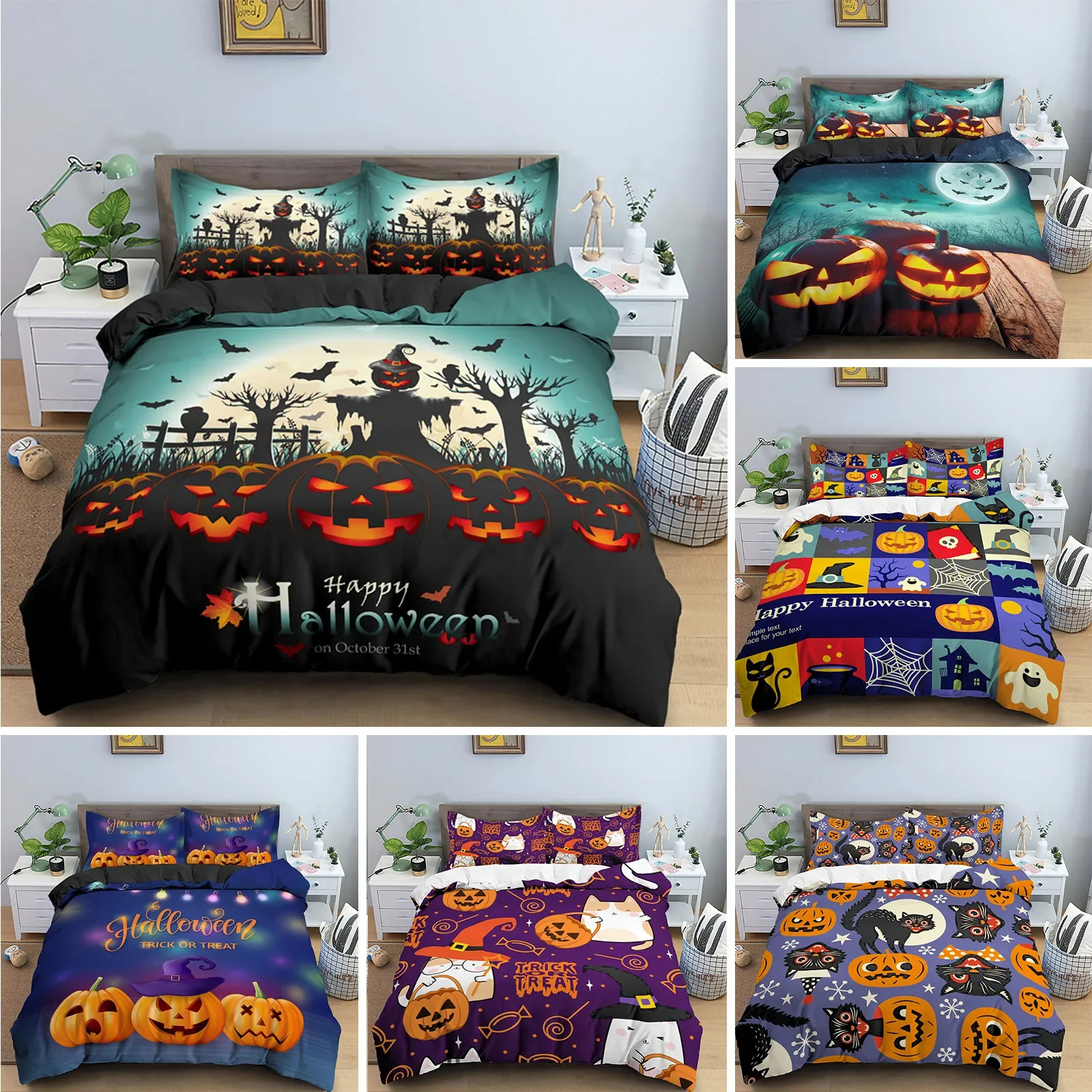 

Happy Halloween King Queen Duvet Cover Orange Pumpkin Bedding Set Kids Teens Adults Bats Horror Festival Polyester Quilt Cover