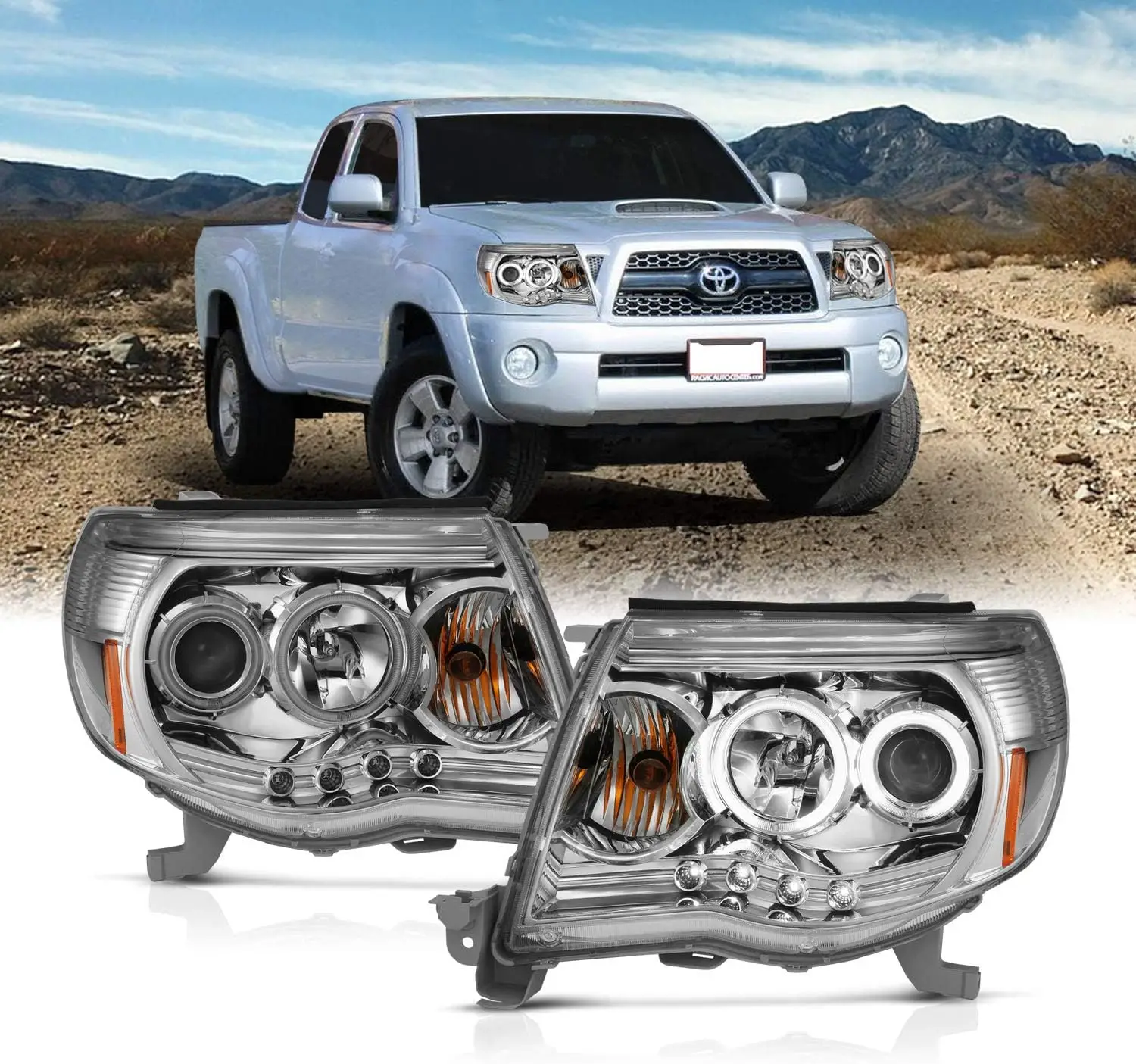 

for 2005-2011 Toyota Tacoma Dual Xtreme LED Halo Ring Crystal Chrome Projector Headlights Assembly Pair - Passenger and Driver S