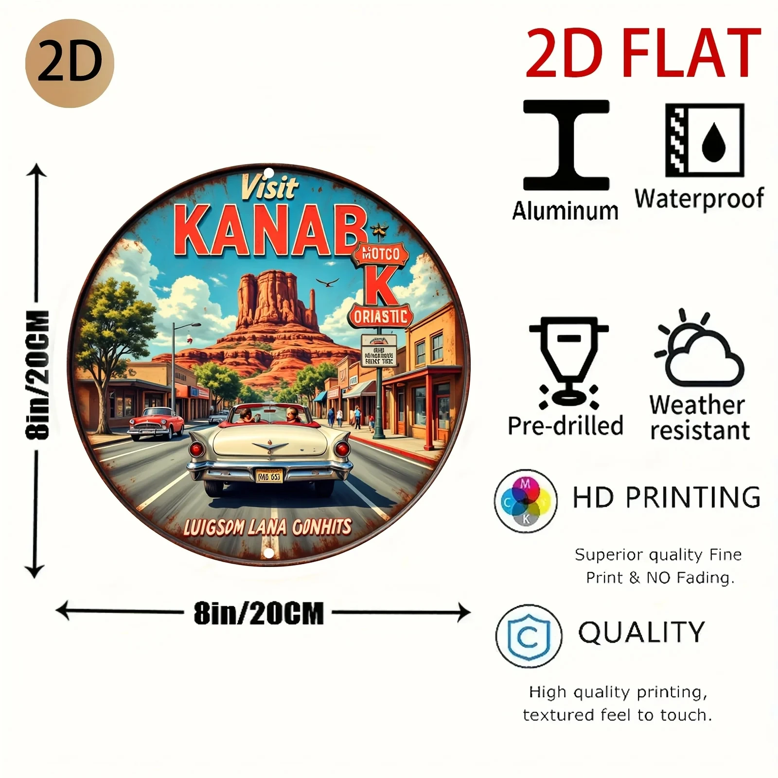 [2D Flat Design] a Round Vintage Tin Sign Featuring a Street Scene with a Car Theme, Designed Specifically for Kanab, Perfect for Decorating a Garage or a Cafe.