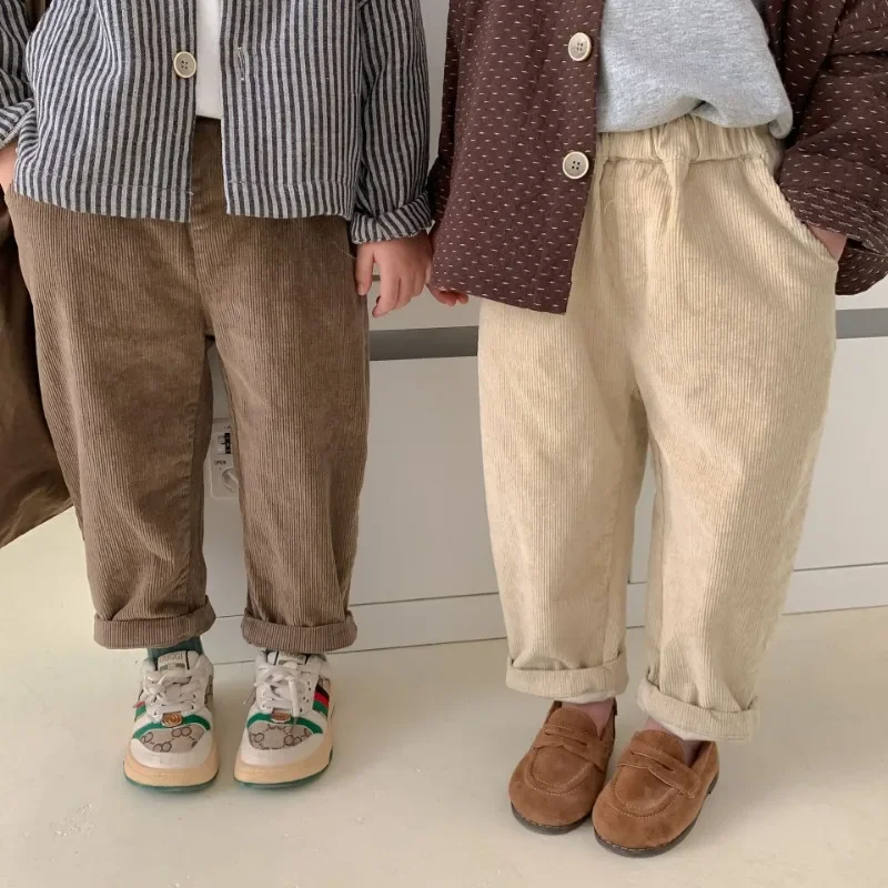 

2025 Spring Autumn New Kids pants solid color elasticity corduroy casual pants for boys and girls loose all-match Trousers