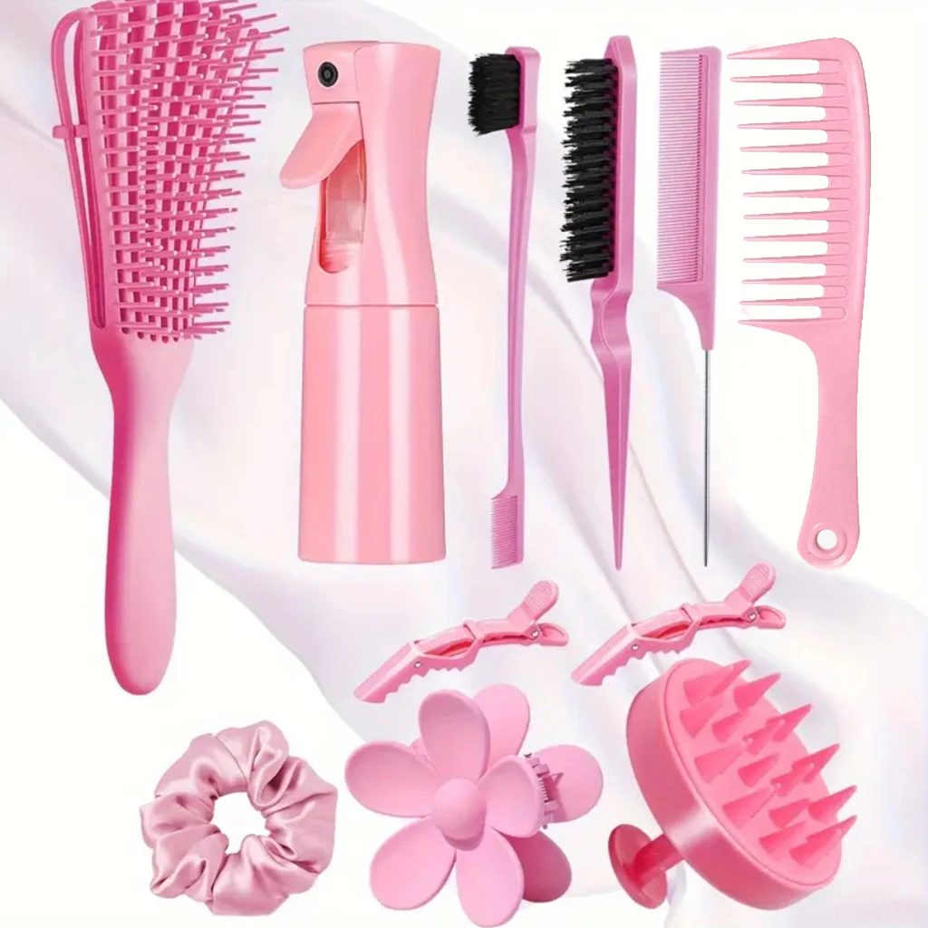 11pcs Hair Brush Set for Women and Men, Edge & Back Brushing, Curly Hair Brush Set with Spray Bottle Flower hair clip