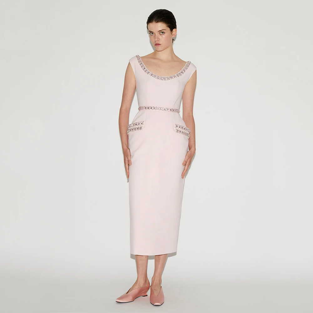 

Party Dress Midi Scoop Crystal Detachable Sash Column Luxury Cocktail Gowns for Women Sleeveless Tea Length Cocktail Dresses