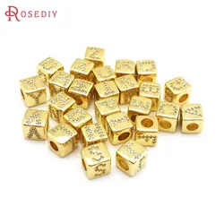 6PCS 8x8MM Hole 4MM 24K Gold Color Brass and Zircon Cube English Letter Large Hole Beads Bracelets Spacer Beads Jewelry Making