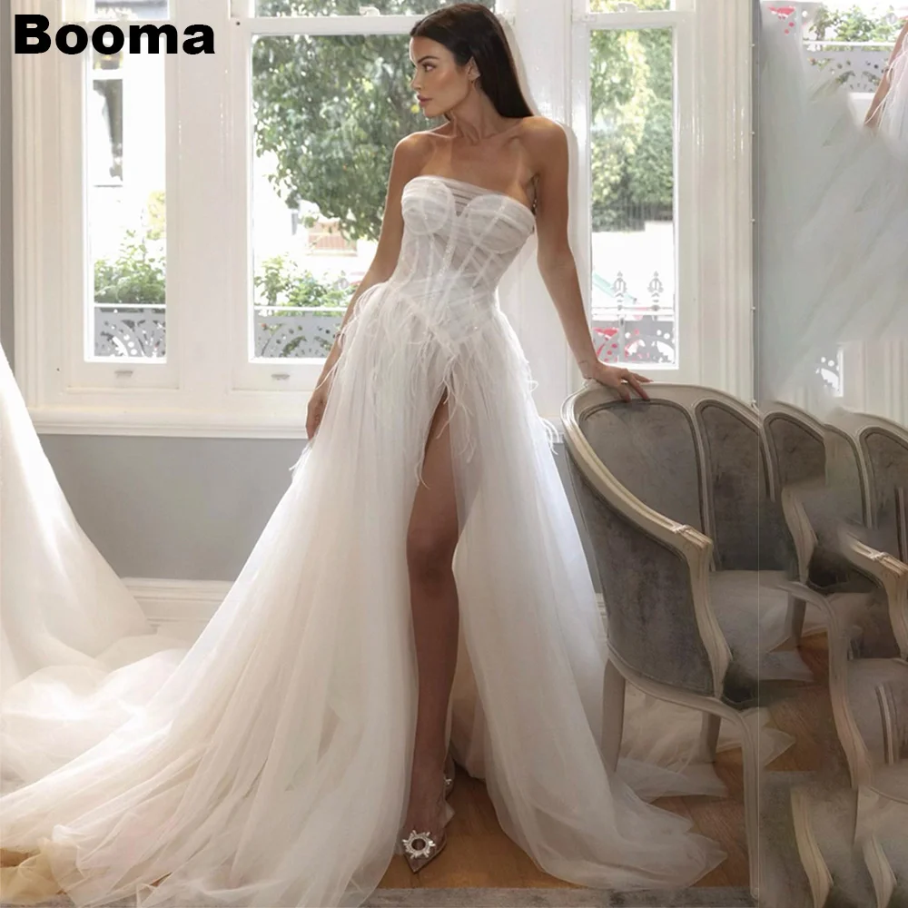 

Booma Boho A line Wedding Dress Sequined Feather Birde Dresses Strapless Side Leg Slit Tulle Bridals Formal Gowns Bespoke