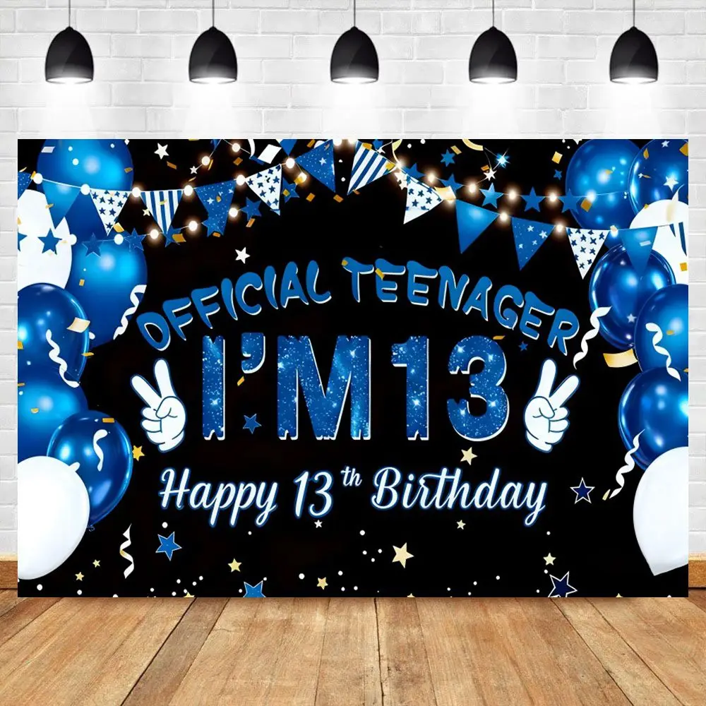 

Happy 13th Birthday Backdrop Banner 13 Years Old Birthday PartyDecor Blue and Gold Official Teenager Photography Background
