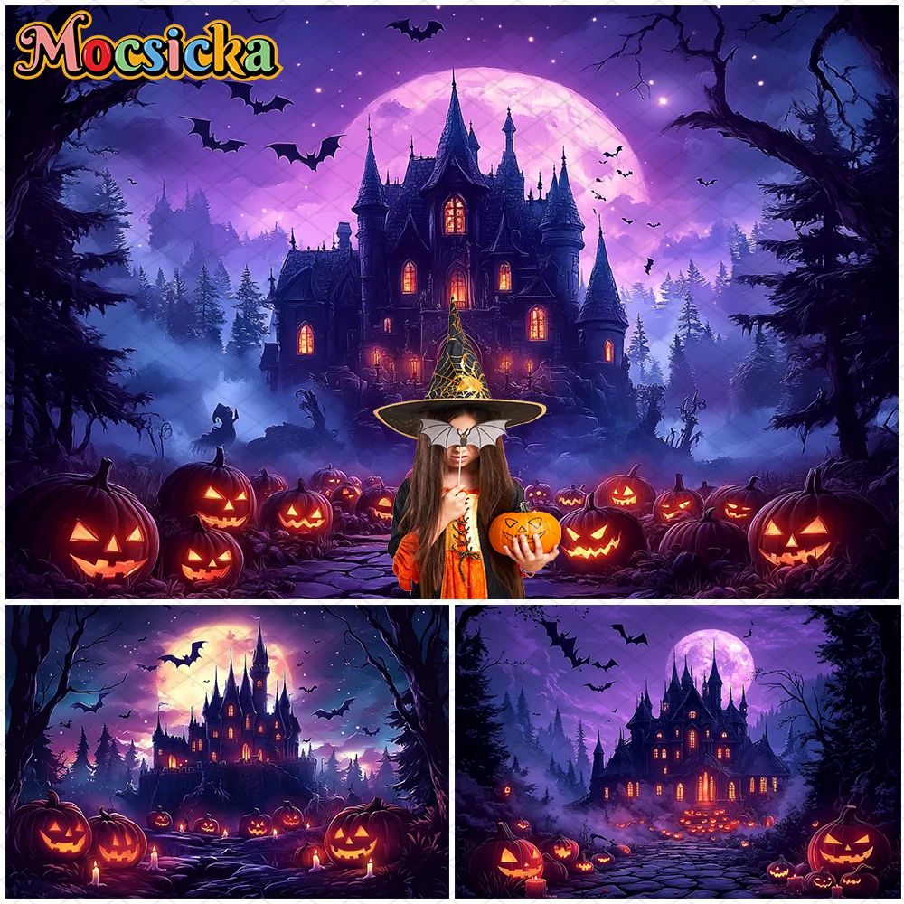 

Mocsicka Halloween Photography Background Purple Castle Night Moon Bat Jack-O-Lantern Party Decor Baby Kid Photo Backdrop Banner