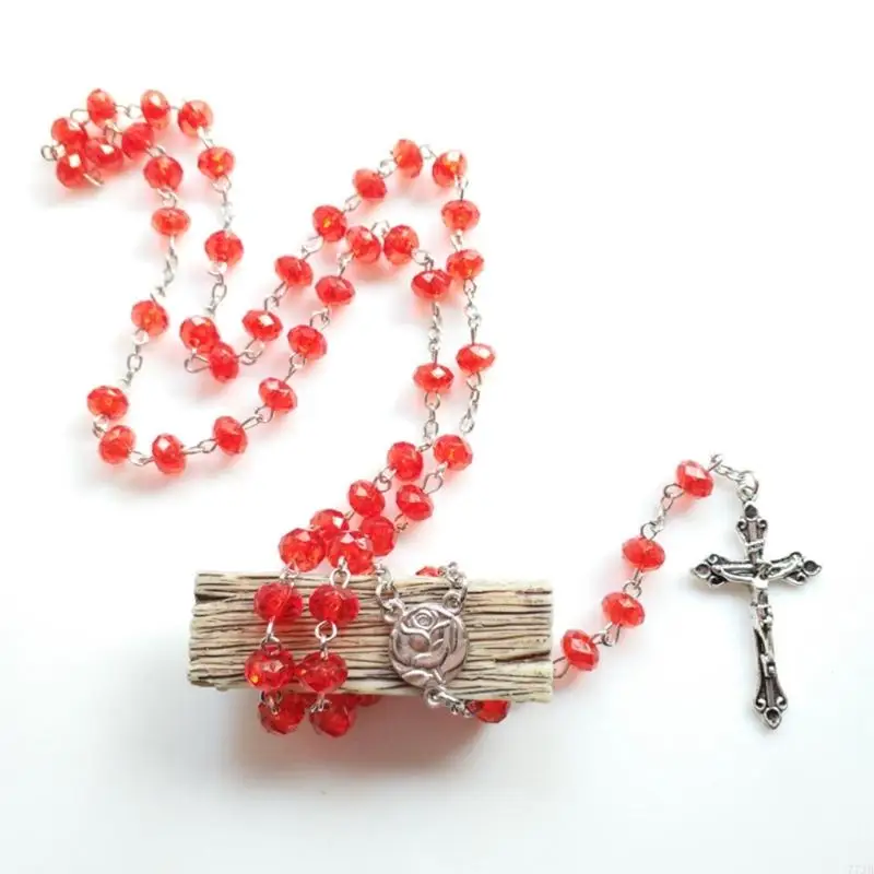 77JB Hạt pha lê dây chuyền Mân côi Cây thánh giá chéo dây áo len Chuỗi trang sức tôn giáo Công giáo Giới thiệu Girl Girl Prayer
