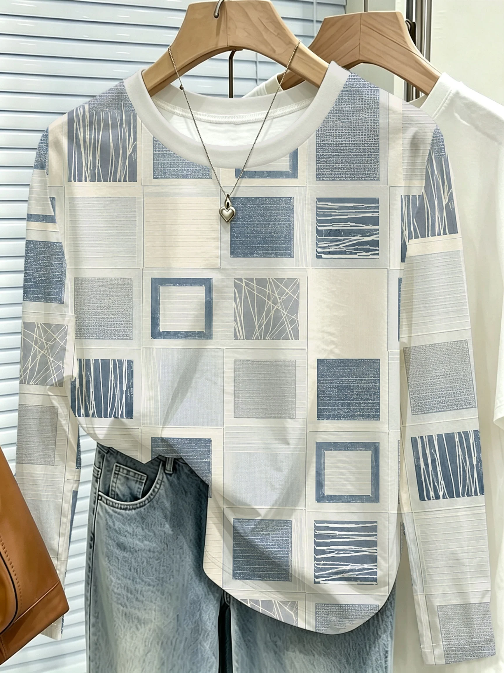 New Women Long Sleeve Top Blue Square Grid Print Round Neck Soft Casual Daily Slim Tops Women's Clothes