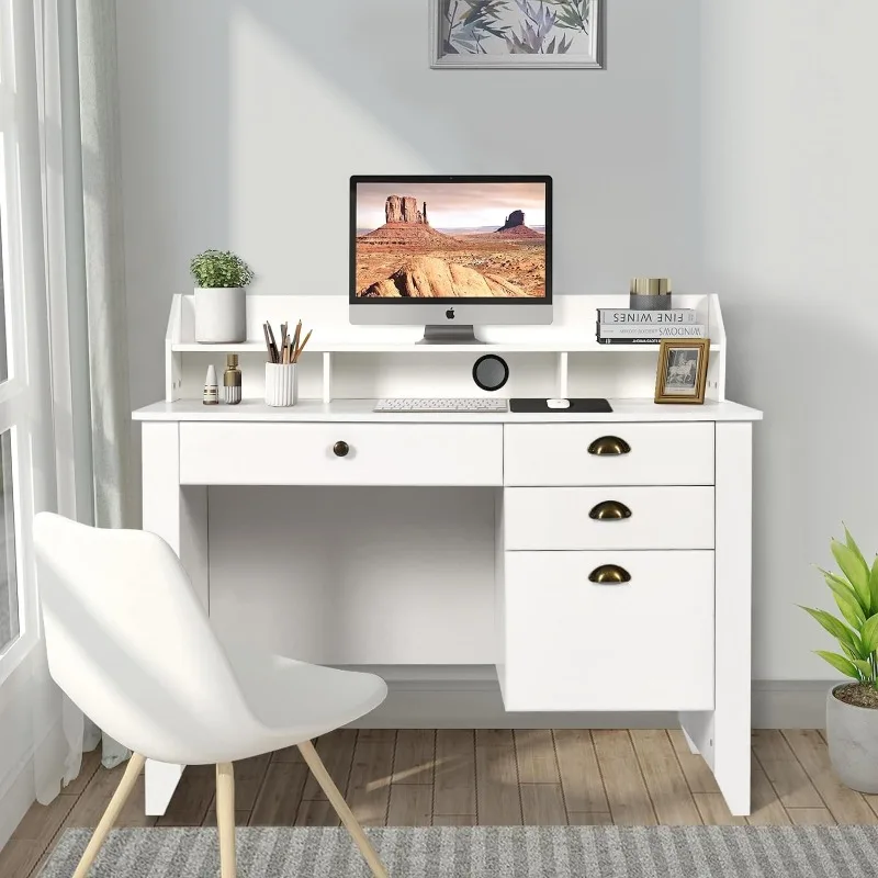 White Desk with 4 Drawers Storage, Computer Small Desk with File Drawer and Hutch, Kids Desk for Bedroom