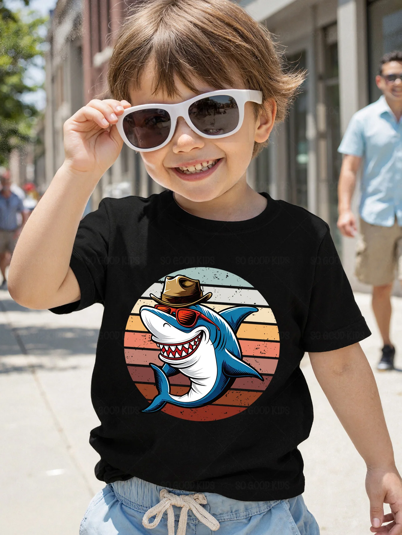 Cool Cowboy Shark With Hat Sunglasses Retro Sunset Graphic Kids T Shirt Boys Girls Family Matching Summer Crew Neck Casual Tee