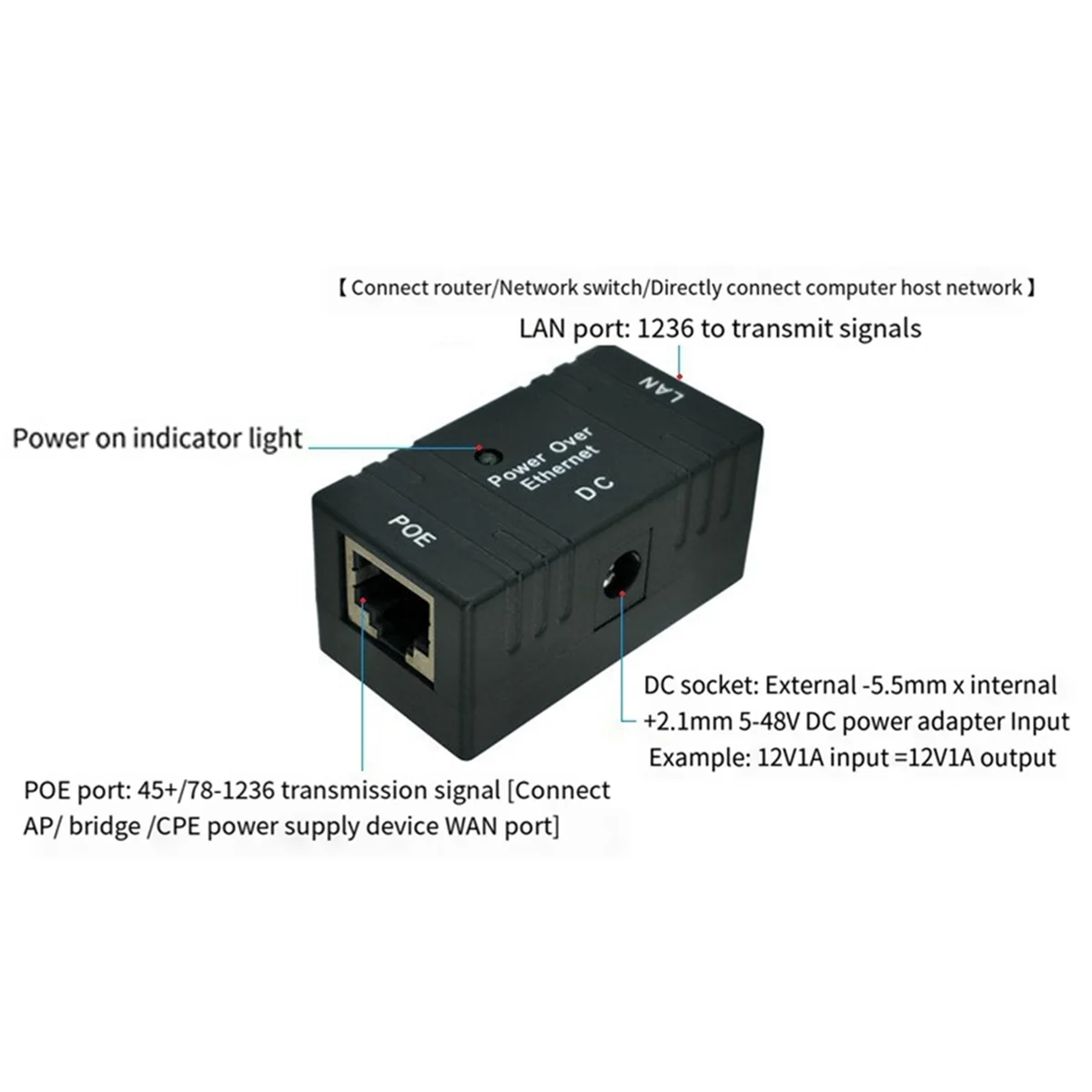 

100 Мбит/с, 5 В, 12 В, 24 В, 48 В/1 А для IP-камеры, модуль адаптера POE - белый