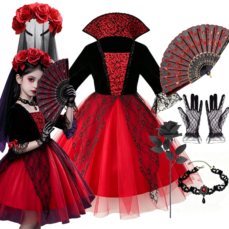 Girls Gothic Dark Vampire Bride Costume Lace Tulle Dress Rose Veil Fan Accessories Kids Halloween Cosplay Party Fancy Outfit