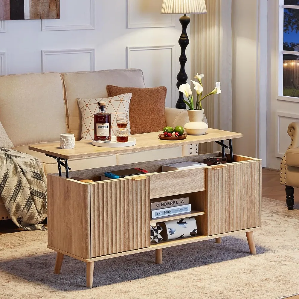 48" Fluted Lift Top Coffee Table with Hidden Storage & Adjustable Shelves, Lifting Tabletop Large Rectangular Coffee Ta