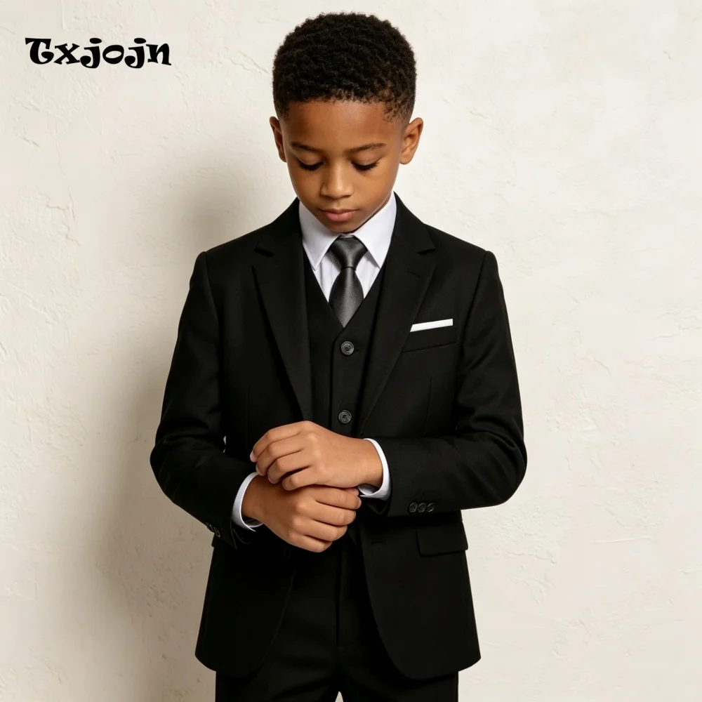 Classic Boys Suit Trend Black Jacket Pants Vest 3 Piece Set Formal Blazer for Kids Wedding Tuxedo Suits 2-16 Years Custom Cloth