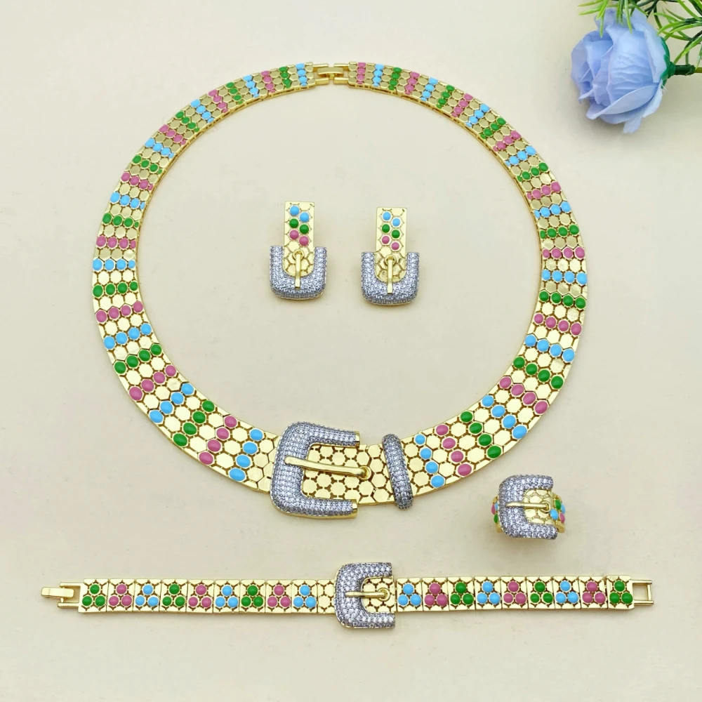 

Falair Daily Women's Gold Plated Copper Drop of Oil Jewelry Set Zircon Necklace Bracelet Earrings Ring Luxury Simulation