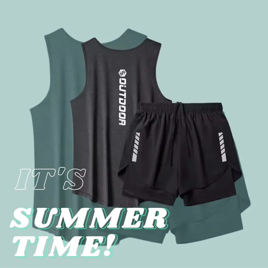 

Спортивный жилет, мужской комплект для фитнеса, быстросохнущие шорты из ледяного шелка без рукавов, летний тренировочный костюм для бега 2025 года.