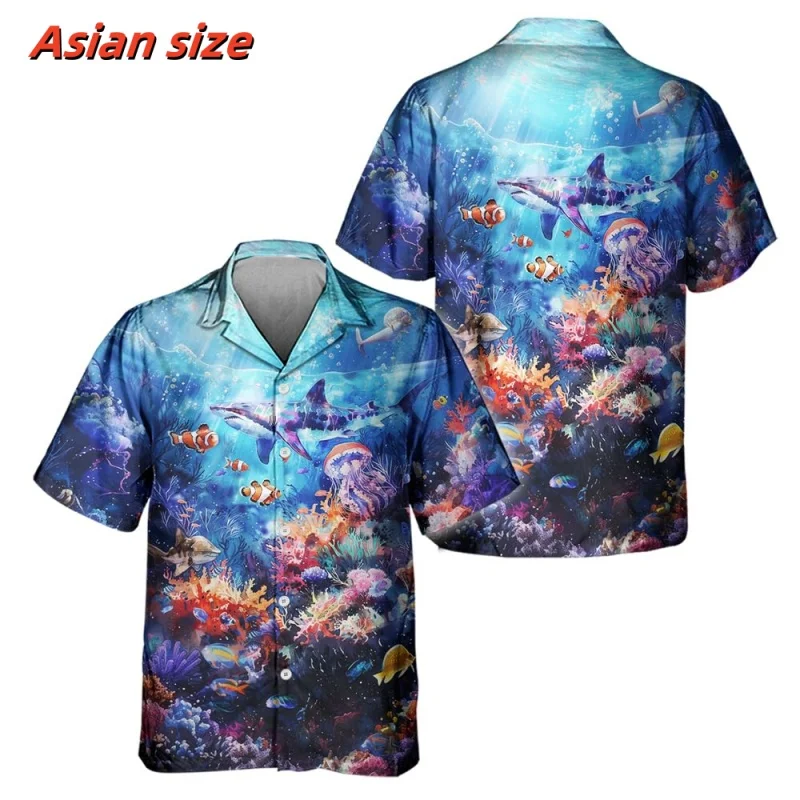 Colorful Underwater World Pattern Hawaiian Shirt For Men Fish Shark 3D Print Blouse Summer Short Sleeve Lapel Tops Aloha Shirts